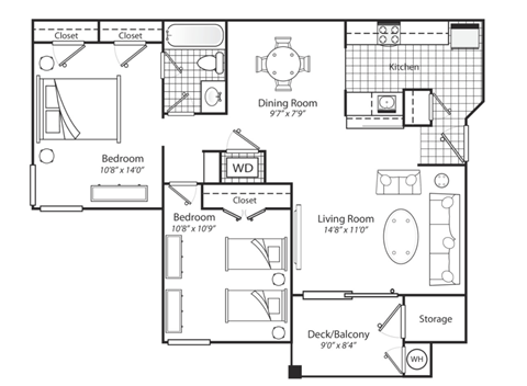 Floor plan for 2 beds, 1 bath, 877 sqft